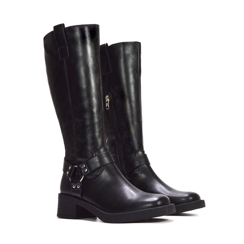black low-heel leather boots, black biker boots, faux leather boots, biker boots, womens biker boots