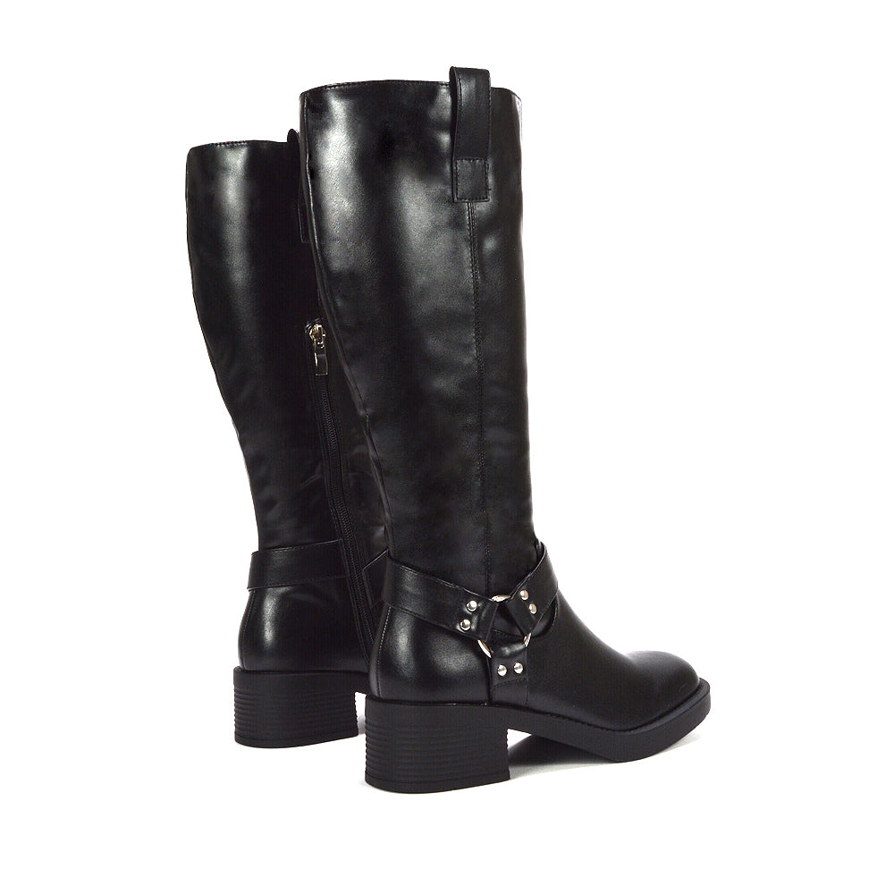 black chunky boots, black knee high biker boots, chunky boots, knee high biker boots, boots for winter outfits women, stylish office boots women