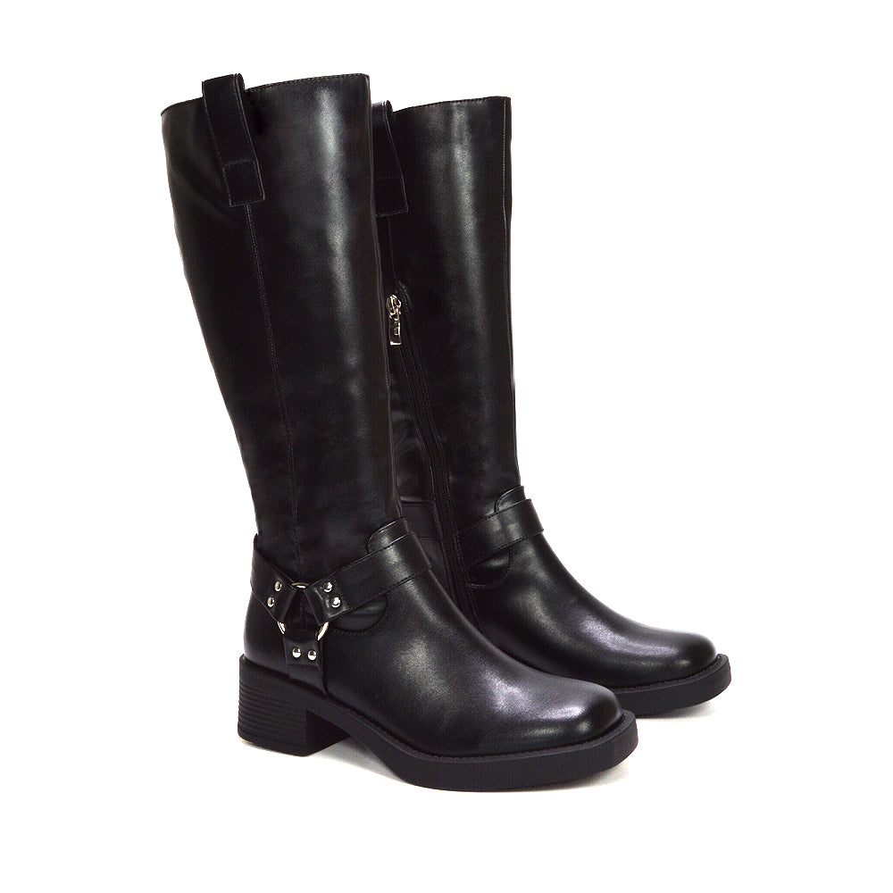 black knee high western boots, black square toe boots, knee high western boots, square toe boots, strap and buckle knee boots