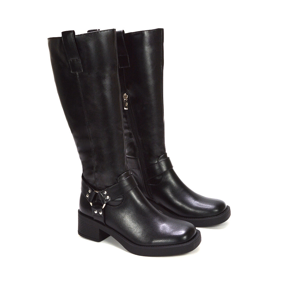 black block heel boots, black heeled boots, block heel boots, heeled boots, low block heel knee boots, women’s boots for fall and winter, trendy knee-high boots for women