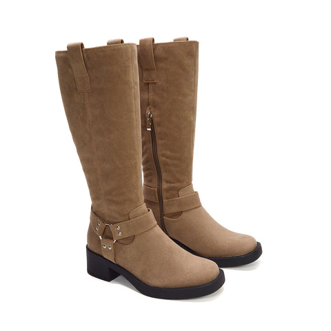 light brown suede boots for women, cream-brown knee boots, boots for fall outfits women, structured tall boots for women