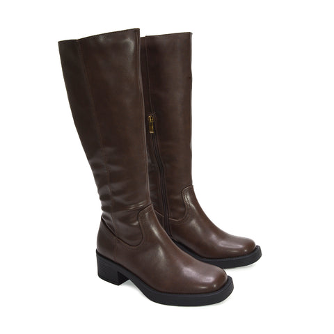 brown boots women fall winter, brown knee high boots with heel, women boots for smart casual occasions, women knee high boots with side zipper