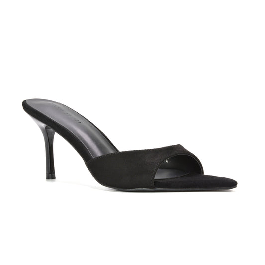Best black mid heel mule sandals, Elegant black pointed toe mule heels for women, Black pointed toe mules