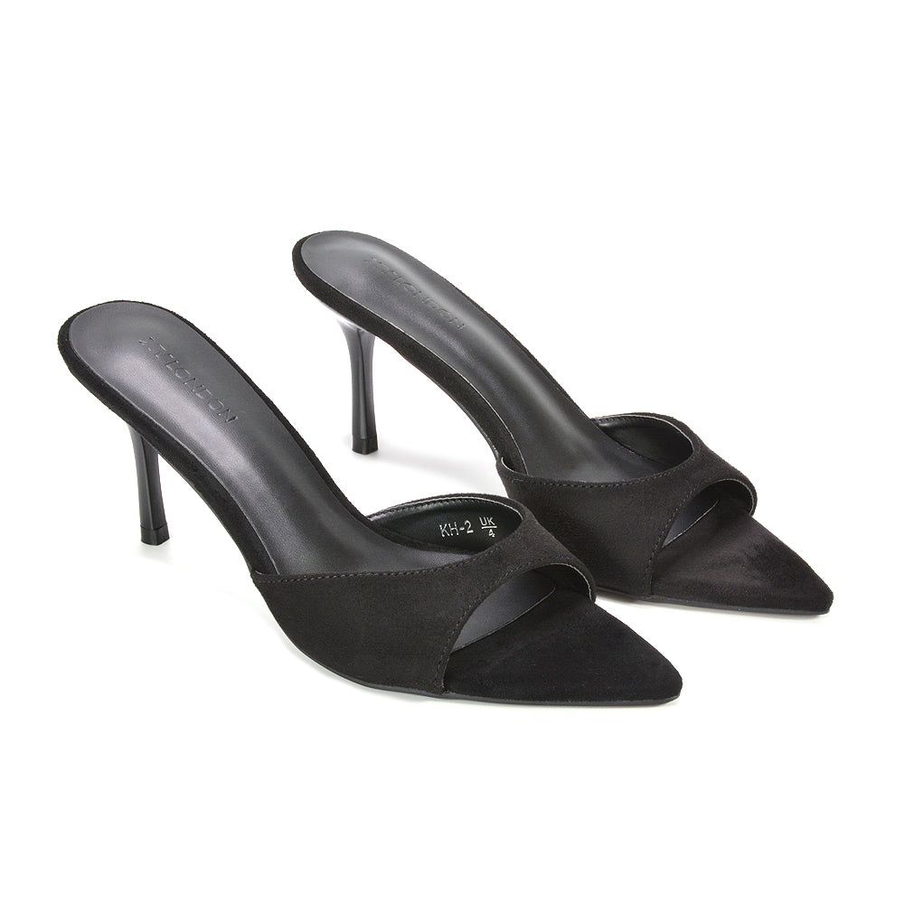 Women's black mule sandals, Stylish black pointed toe mules for women, Affordable black mule heels for women