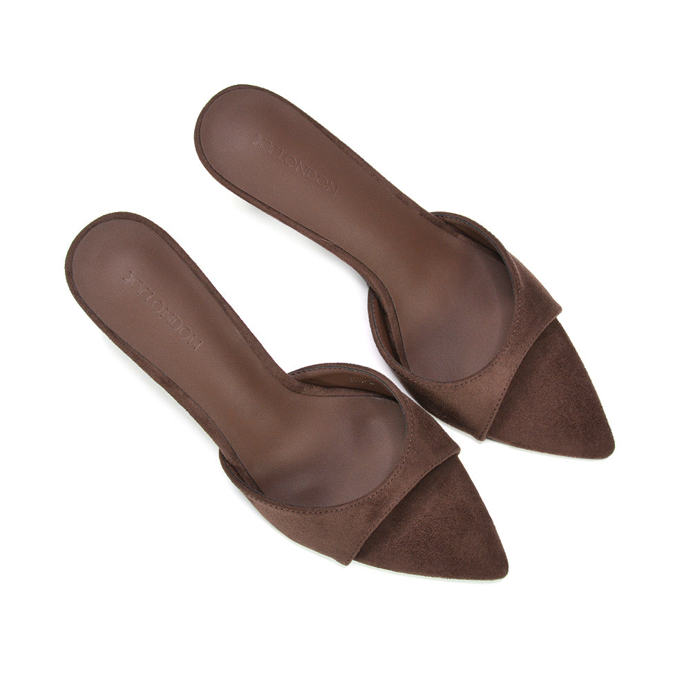 Brown office wear mule heels, Women's brown slip on heels with pointed toe design, Brown slip on sandals