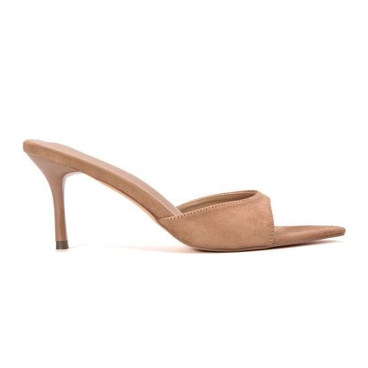 Taupe mule heels, Neutral mule heels, Women's taupe mid heel slip on pointed toe mule sandals