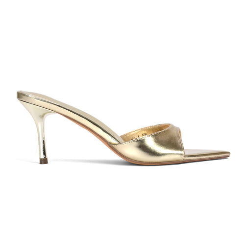 Gold Peep Toe Mule Heels, Women's metallic gold peep toe mule heels, Buy gold mule heels online, Metallic Gold Heels, Gold Mules