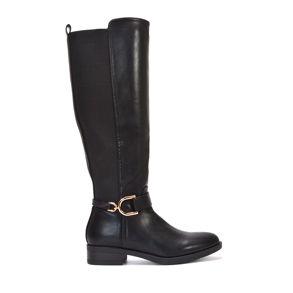 Black equestrian style boots, black boots, black knee high boots, Comfortable winter boots women, Women's faux leather equestrian boots