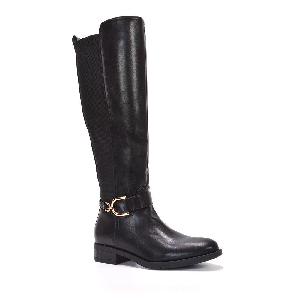 black flat boots, black stretchy boots, flat boots, stretchy boots, Chic stretch panel boots, Pull-on tall boots with zipper
