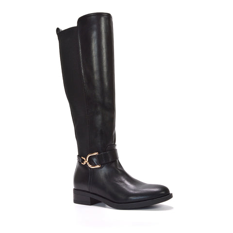 black flat boots, black stretchy boots, flat boots, stretchy boots, Chic stretch panel boots, Pull-on tall boots with zipper