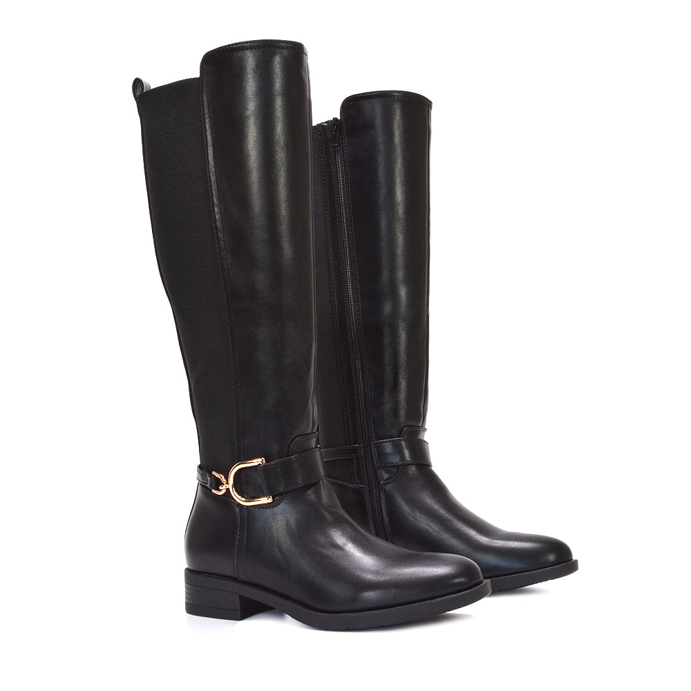 Women's black knee-high boots, Black tall boots with gold hardware, Flat heel winter boots for women, Elegant tall boots for cold weather