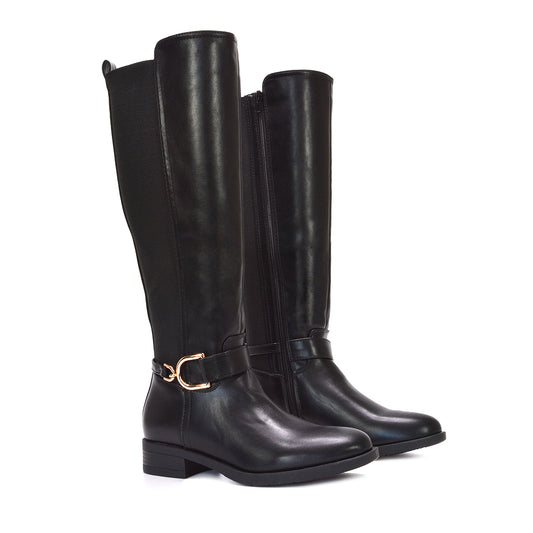 Women's black knee-high boots, Black tall boots with gold hardware, Flat heel winter boots for women, Elegant tall boots for cold weather
