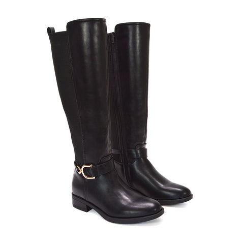 Where to buy black stretch boots, Versatile black knee boots, Fall fashion tall boots, Easy care leather-look boots