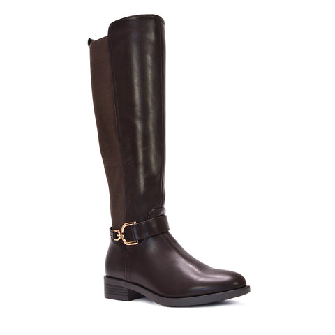 brown flat boots, brown stretchy boots, flat boots, stretchy boots, Chic stretch panel boots, Pull-on tall boots with zipper