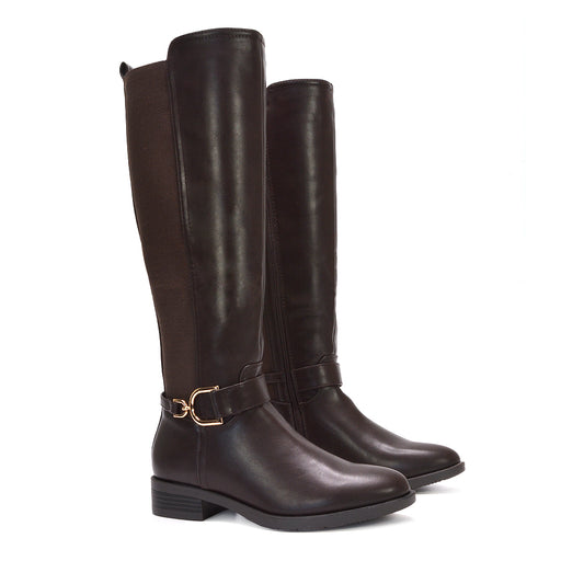 Where to buy brown stretch boots, Versatile brown knee boots, Fall fashion tall boots, Easy care leather-look boots