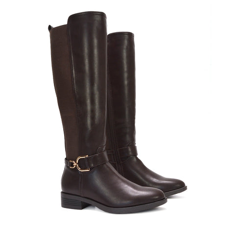 Where to buy brown stretch boots, Versatile brown knee boots, Fall fashion tall boots, Easy care leather-look boots