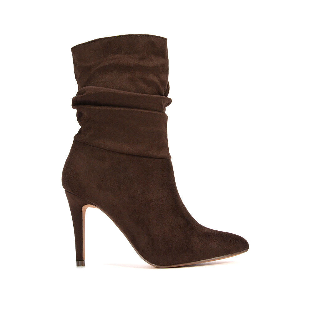 pointed toe ankle boots, high heel ruched ankle boots with pointed toe, party wear stiletto boots, winter heeled ankle boots, classy pointed toe boots, brown stiletto boots, brown heeled boots