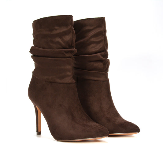 ruched ankle boots, ruched pointed toe stiletto ankle boots for women, ankle boots for night out, autumn ankle boots women, sexy high heel ankle boots, brown boots, chocolate brown boots