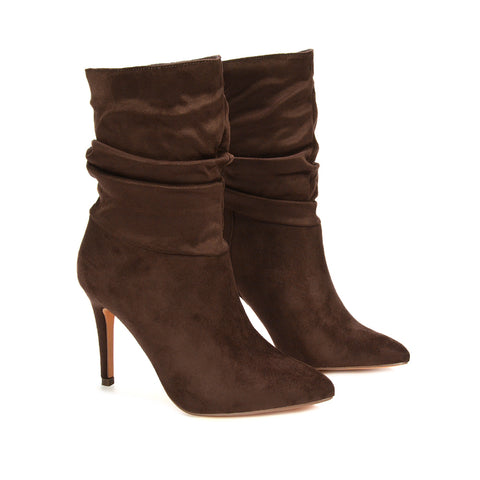 high heel ankle boots, slim heel pointed toe ankle boots for women, wedding guest heeled boots, cold weather dressy boots, statement heeled boots, brown suede boots, brown pointed toe boots 