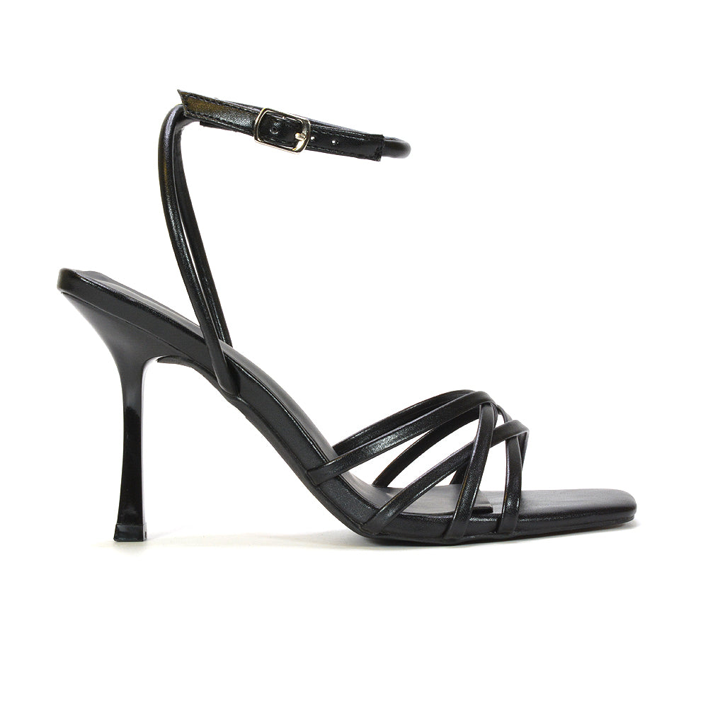Black strappy stiletto heels, Black strappy stiletto heeled sandals with square toe, Black wedding guest heels, Buy black strappy heels online