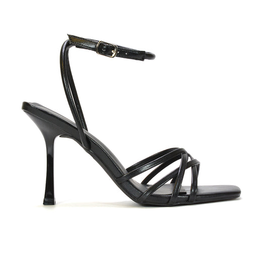 Black strappy stiletto heels, Black strappy stiletto heeled sandals with square toe, Black wedding guest heels, Buy black strappy heels online
