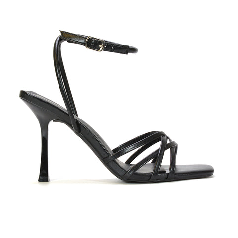 Black strappy stiletto heels, Black strappy stiletto heeled sandals with square toe, Black wedding guest heels, Buy black strappy heels online