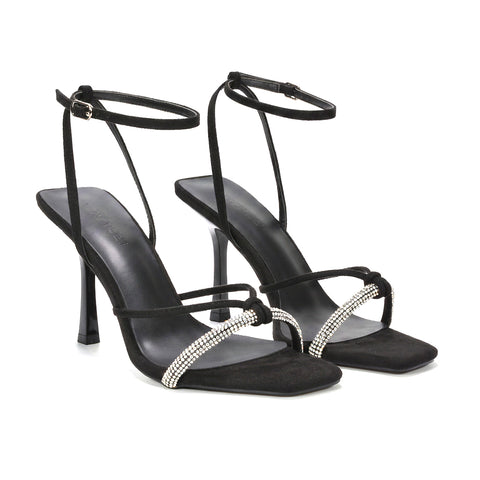 Black strappy stiletto heels, Black rhinestone stiletto sandals for evening wear, Women's black stiletto heels sale