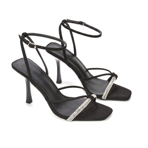 Black high heel sandals, Black strappy stilettos for wedding guests, Black evening sandals with crystals