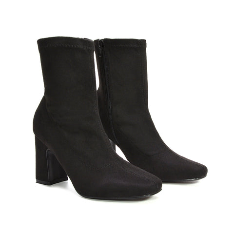 Margaret Stretchy Sock Ankle Boots With Block Heel in Brown Faux Suede