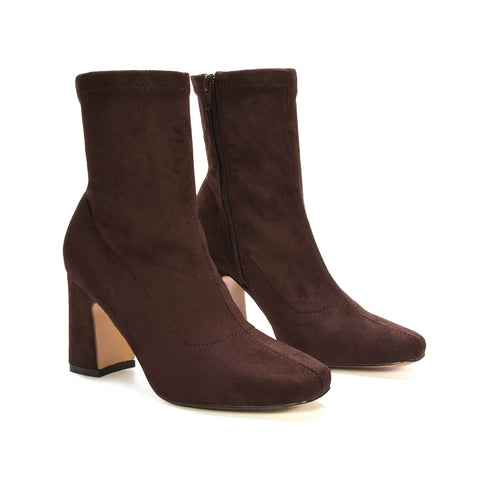 Margaret Stretchy Sock Ankle Boots With Block Heel in Brown Faux Suede
