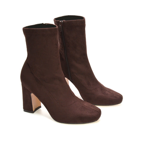 brown heeled sock boots, brown high heel boots, comfortable heeled boots, easy zip ankle boots, sleek ankle boots women, durable ankle boots, versatile ankle boots, transitional season boots, ankle boots side zip women