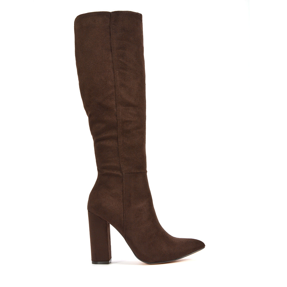 block heel knee high boot, women's knee high block heel boots, knee high boots, affordable knee high boots UK, pointed toe boots, brown knee high boots