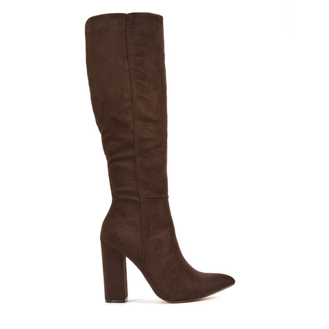 block heel knee high boot, women's knee high block heel boots, knee high boots, affordable knee high boots UK, pointed toe boots, brown knee high boots