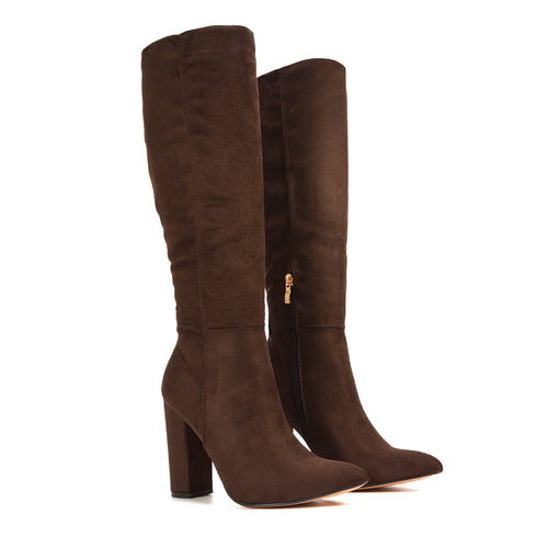 pointed toe knee high boots, pointed toe block heel knee high boots, chic knee high boots, buy knee high boots online, knee high boots women, brown boots