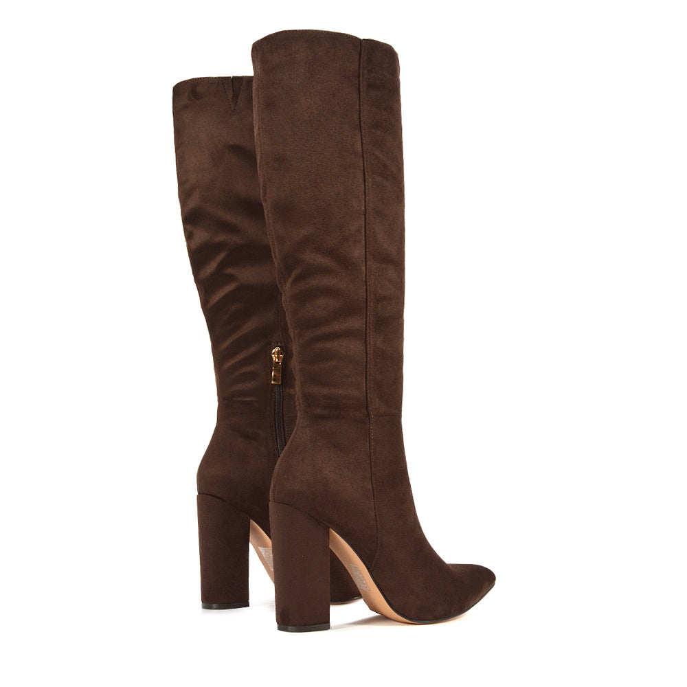 pointed toe boots women, comfortable block heel knee boots, boots women, women’s boots sale UK, night out boots women, brown block heeled boots