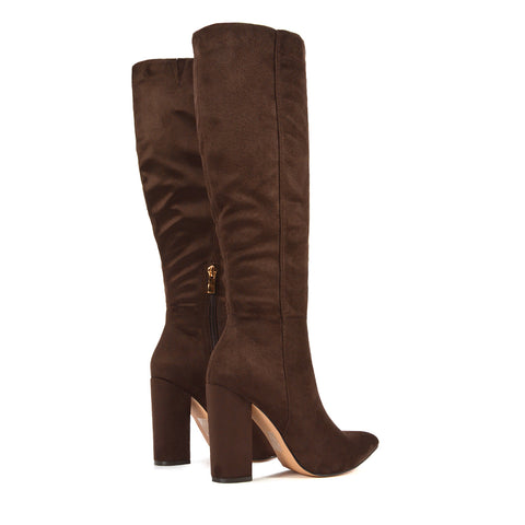pointed toe boots women, comfortable block heel knee boots, boots women, women’s boots sale UK, night out boots women, brown block heeled boots