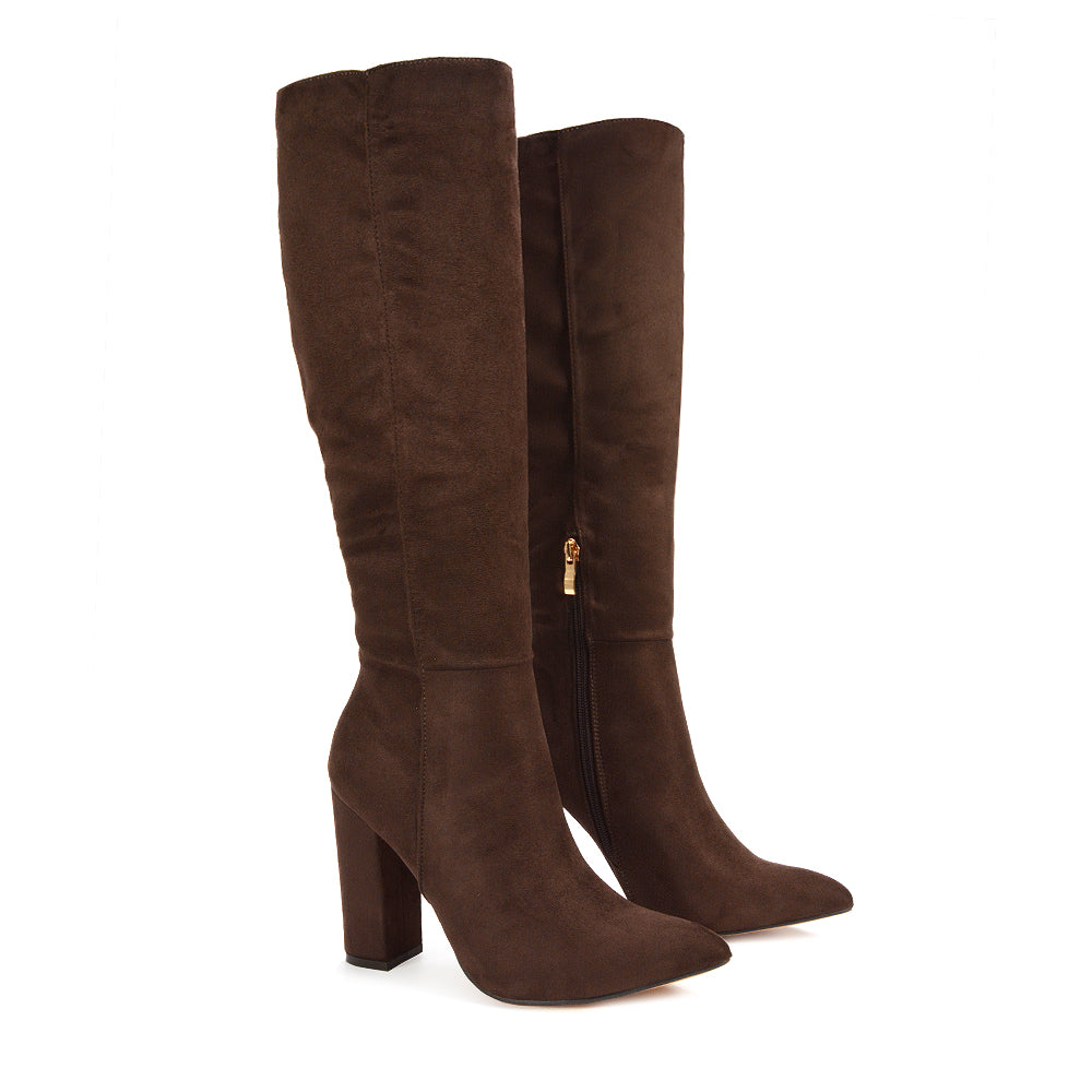 block heel boots, pointed toe boots, statement knee high boots, trendy boots for women 2026, knee high boots, brown suede boots