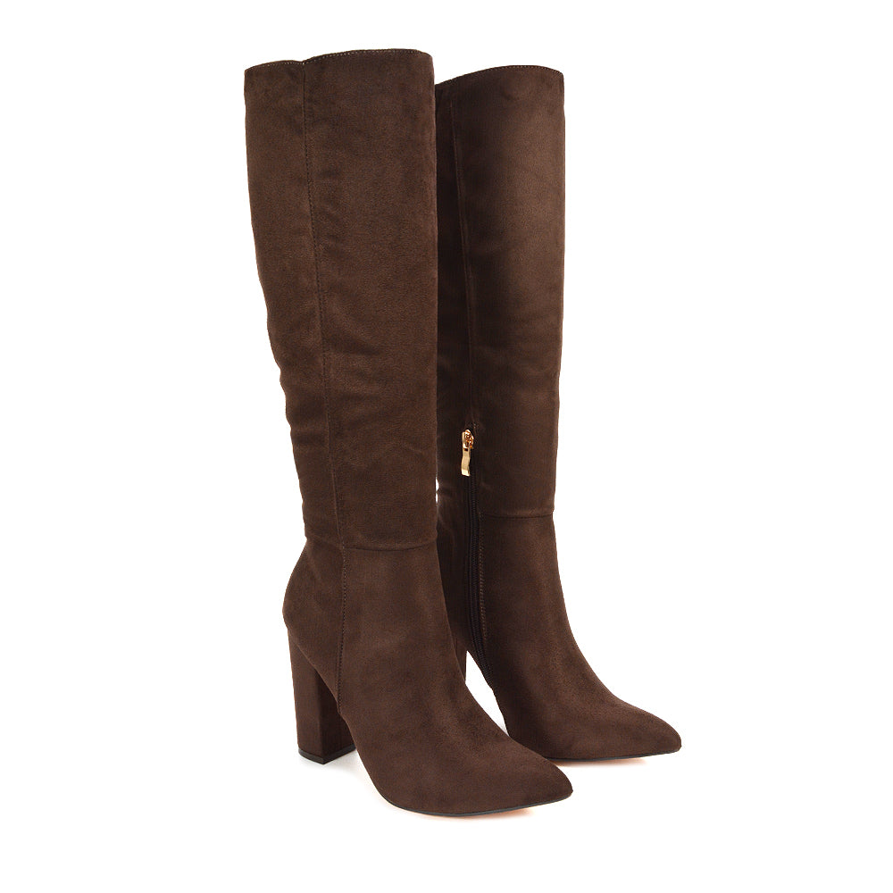 knee high boots for winter outfits, sleek pointed toe boots, high heel knee high boots, suede boots, high heel boots, brown high heel boots