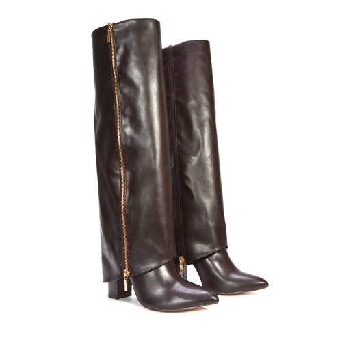 brown boots, brown knee high boots, boots, knee high boots, layered boots, women's fold over boots, shark boots, leather fold over boots