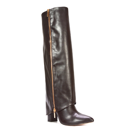 brown fold over block heel boots, brown high heel knee high boots, fold over block heel boots, high heel knee high boots 