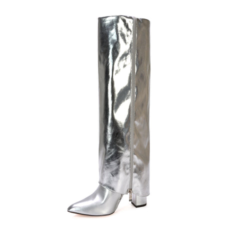 silver block heeled boots, silver long boots, block heeled boots, long boots