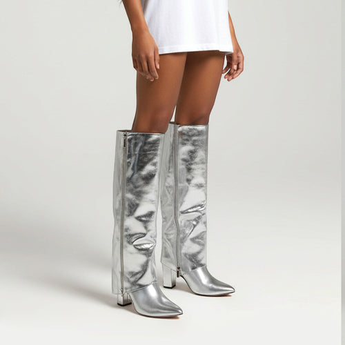 metallic knee high boots