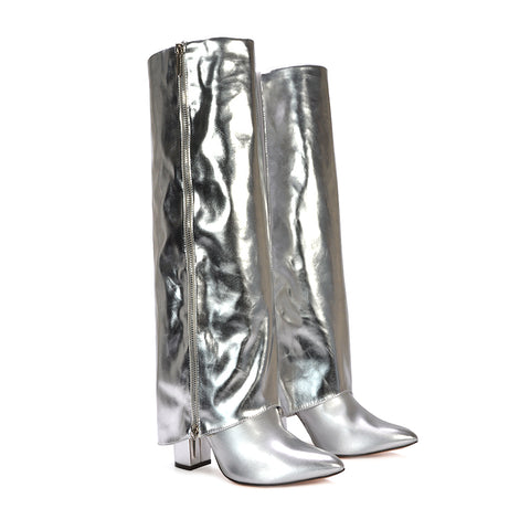 silver boots, silver knee high boots, boots, knee high boots