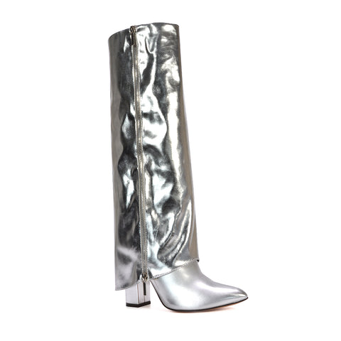silver fold over block heel boots, silver high heel knee high boots, fold over block heel boots, high heel knee high boots 