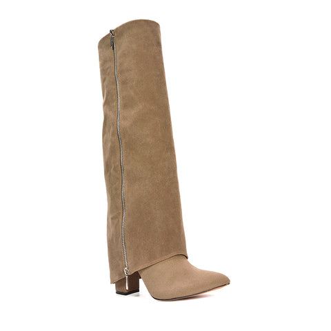 taupe fold over block heel boots, taupe high heel knee high boots, fold over block heel boots, high heel knee high boots 
