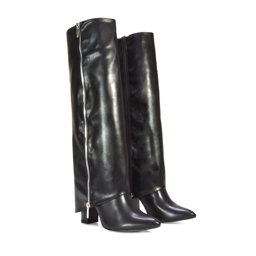 black boots, black knee high boots, boots, knee high boots, fold over boot outfit ideas, fashion fold over boots, faux leather fold over boots