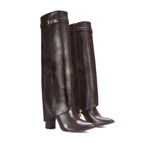 brown festival boots, brown high heel knee high boots, festival boots, high heel knee high boots, knee high boots with block heel, fold over boots with heel