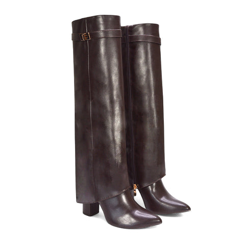 Rayna Pointed Toe Fold Over Knee High Boots With Block Heel in Black Synthetic Leather