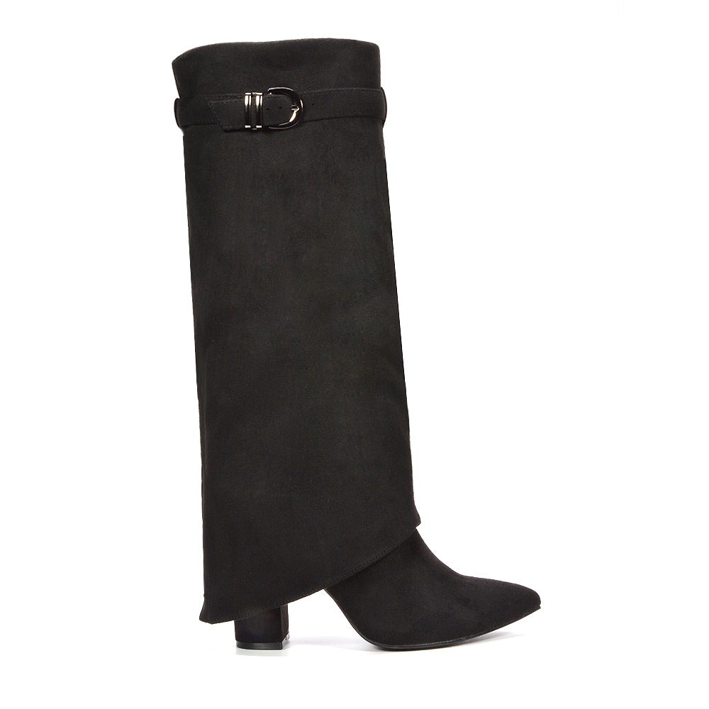 black fold over boots, black suede boots, fold over boots, suede boots, Knee-length boots for women, Modern western-inspired boots, Warm winter boots for women