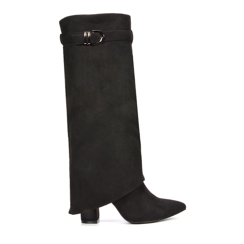 black fold over boots, black suede boots, fold over boots, suede boots, Knee-length boots for women, Modern western-inspired boots, Warm winter boots for women, black knee high fold over boots